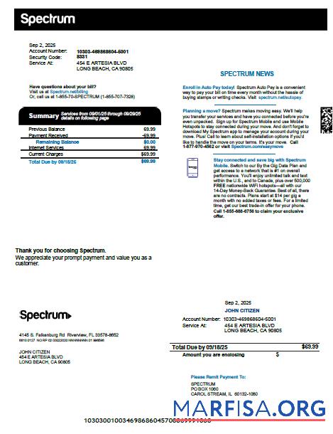 Printable USA Spectrum utility bill template in Word and PDF formats, version 3